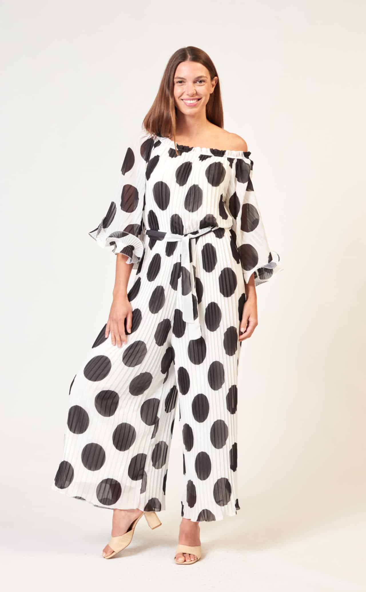 Chiffon Jumpsuit, White/Black Spots