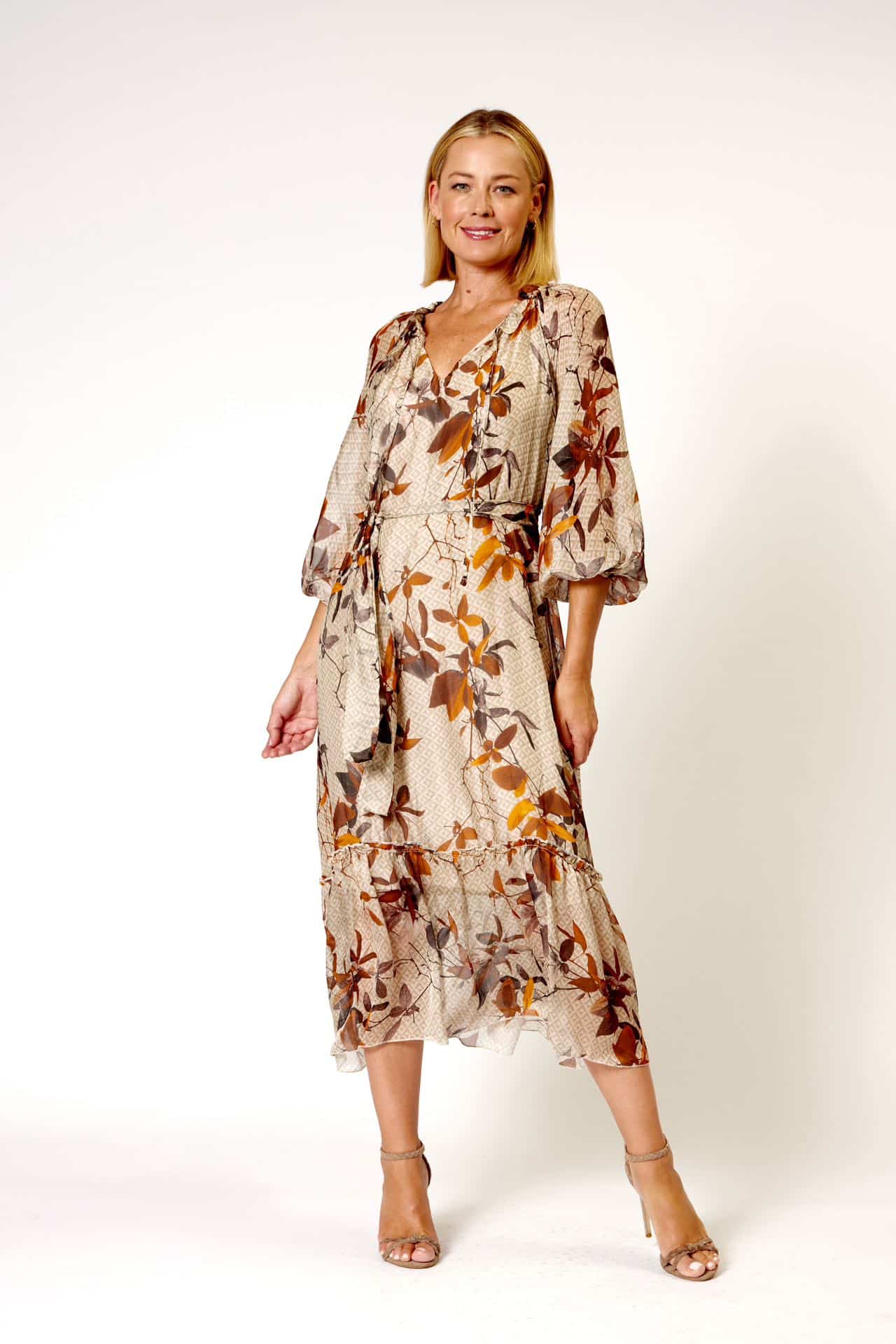La Strada Silk Viscose High Frill Tied Neck Dress, Multi Beige Floral