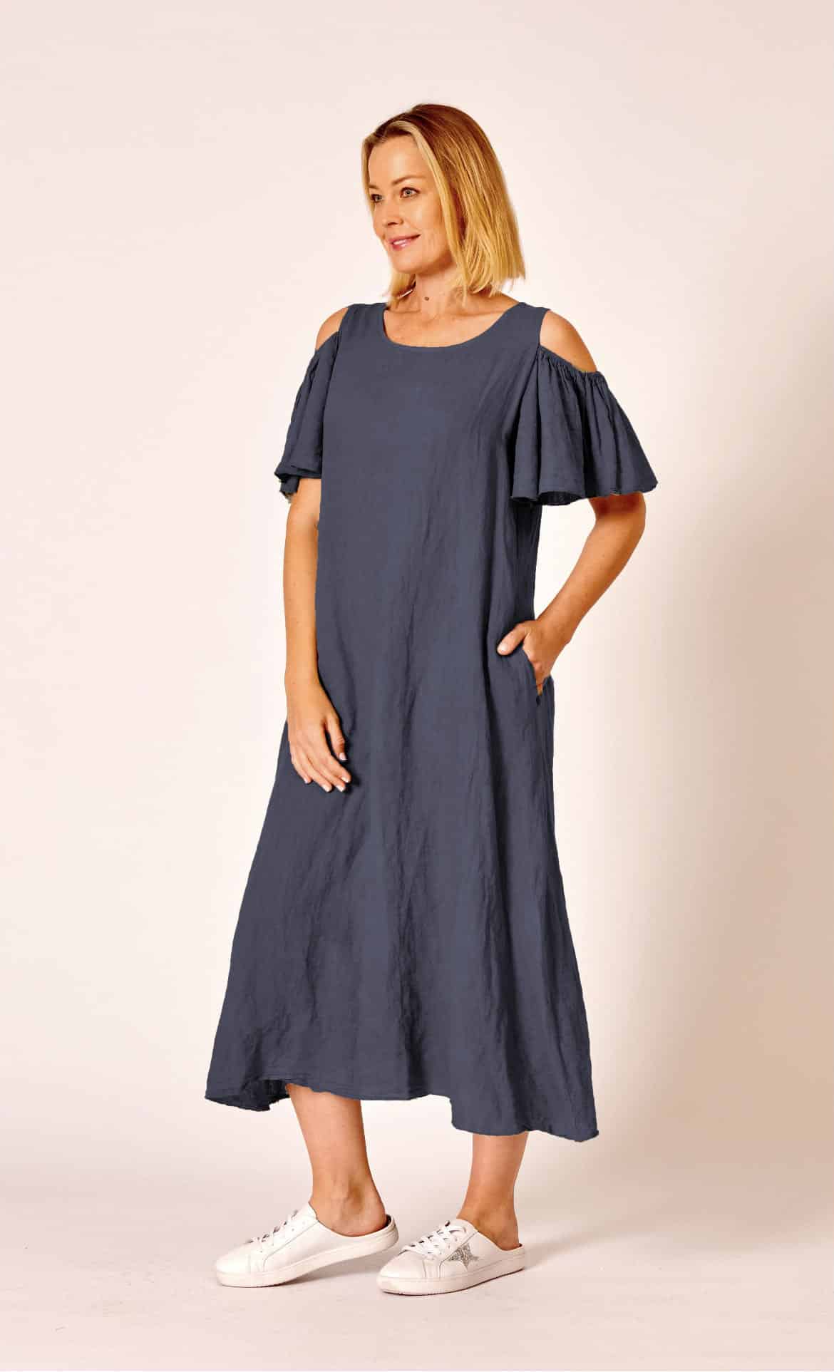 La Strada Linen Cold Shoulder Dress, Navy