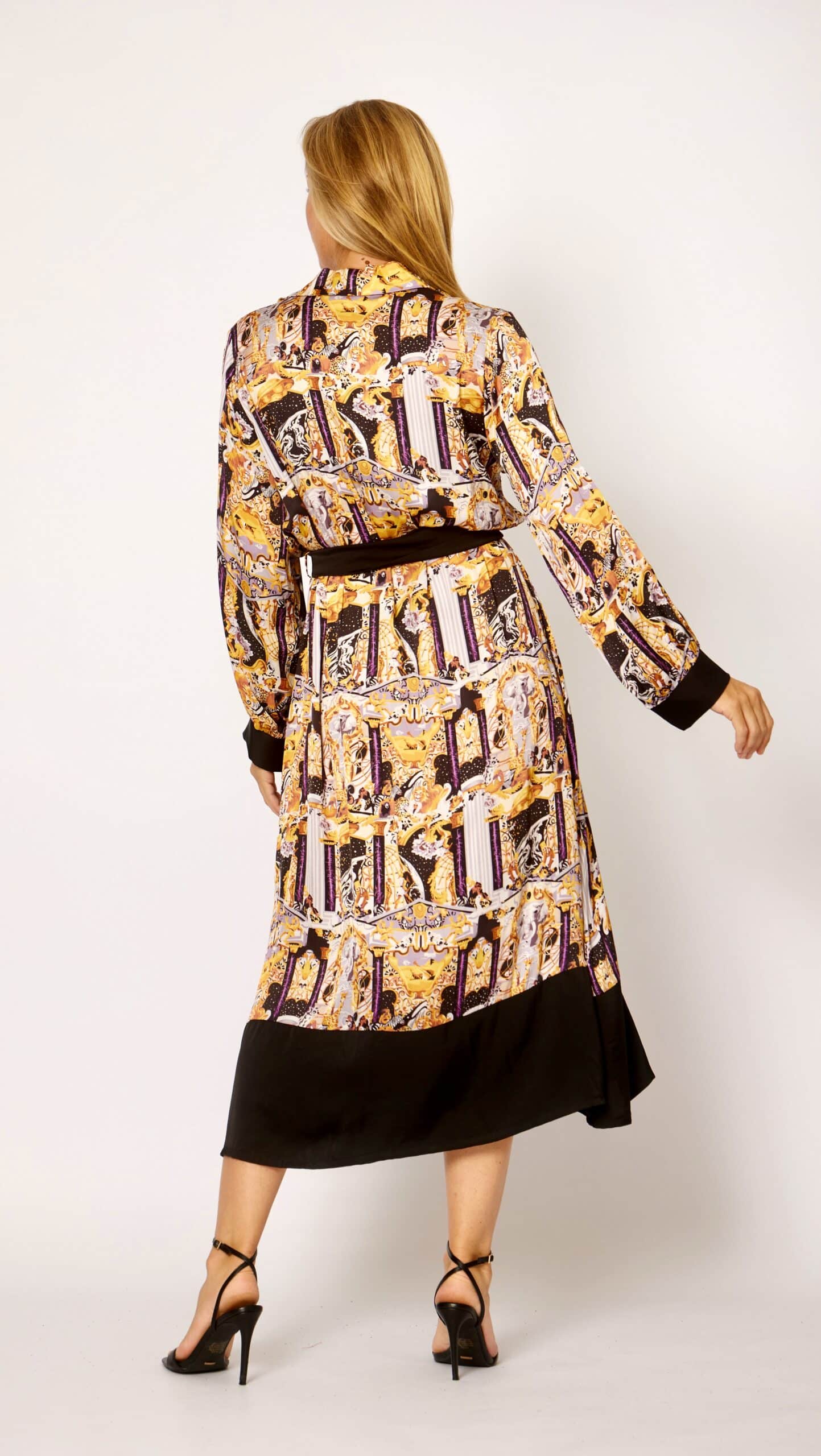 100% VISCOSE TRIM SHIRT DRESS MULTI BLACK/GOLD PRINT