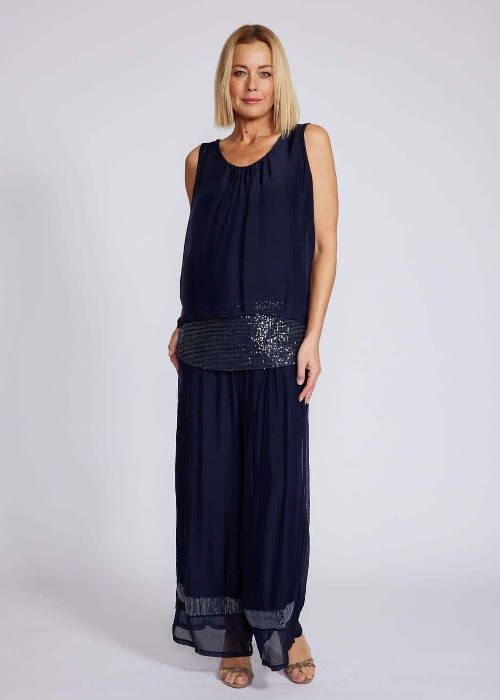 La Strada Viscose Sequin Trim Pants, Navy