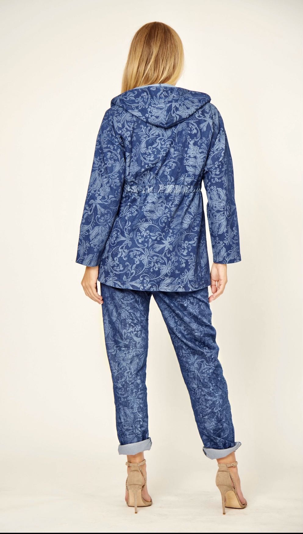 La Strada Cotton Polyester Elastane Printed Pants, Navy Paisley Print