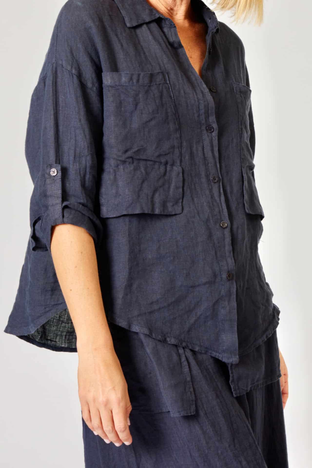 La Strada Linen Cargo Pocket Shirt, Navy