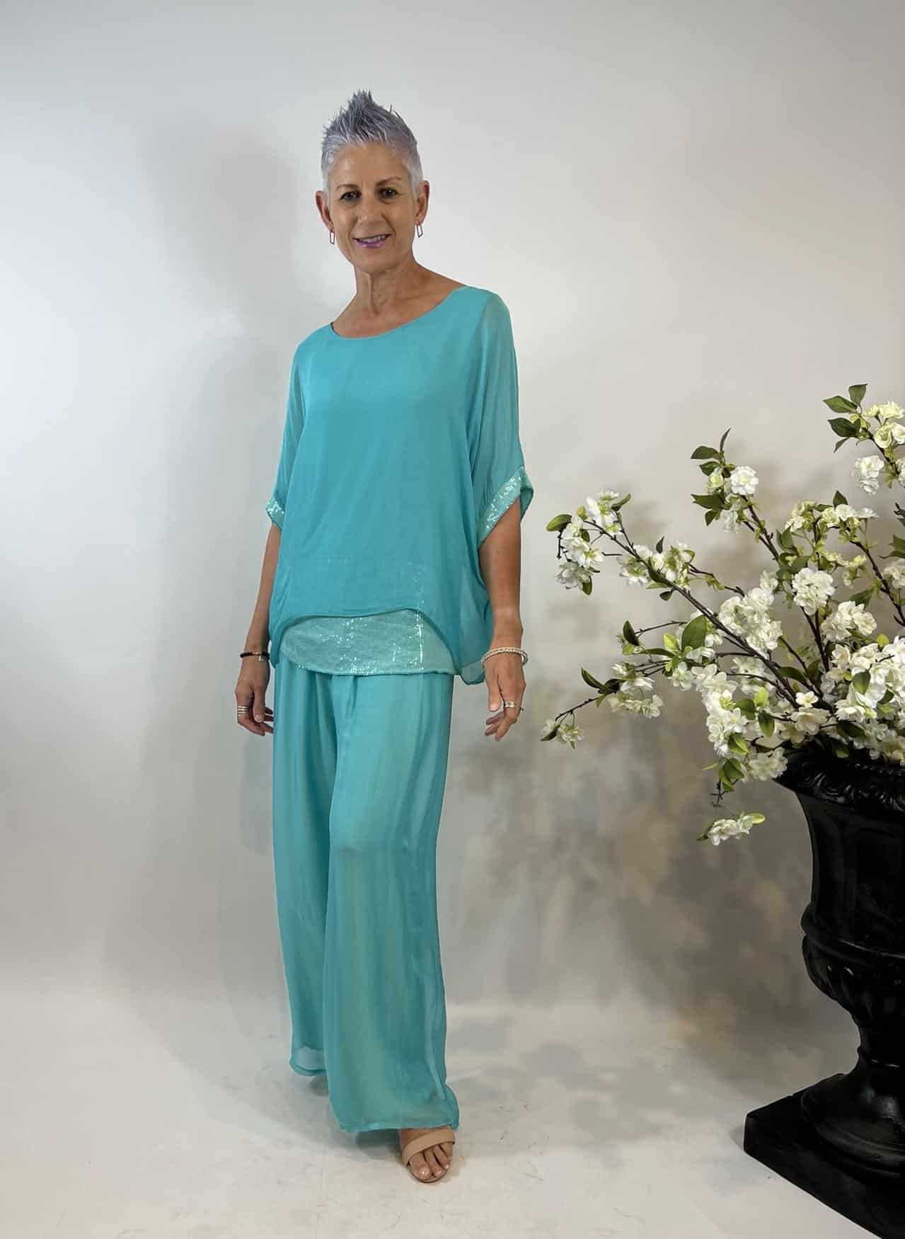 La Strada Silk Blended Pants, Celeste