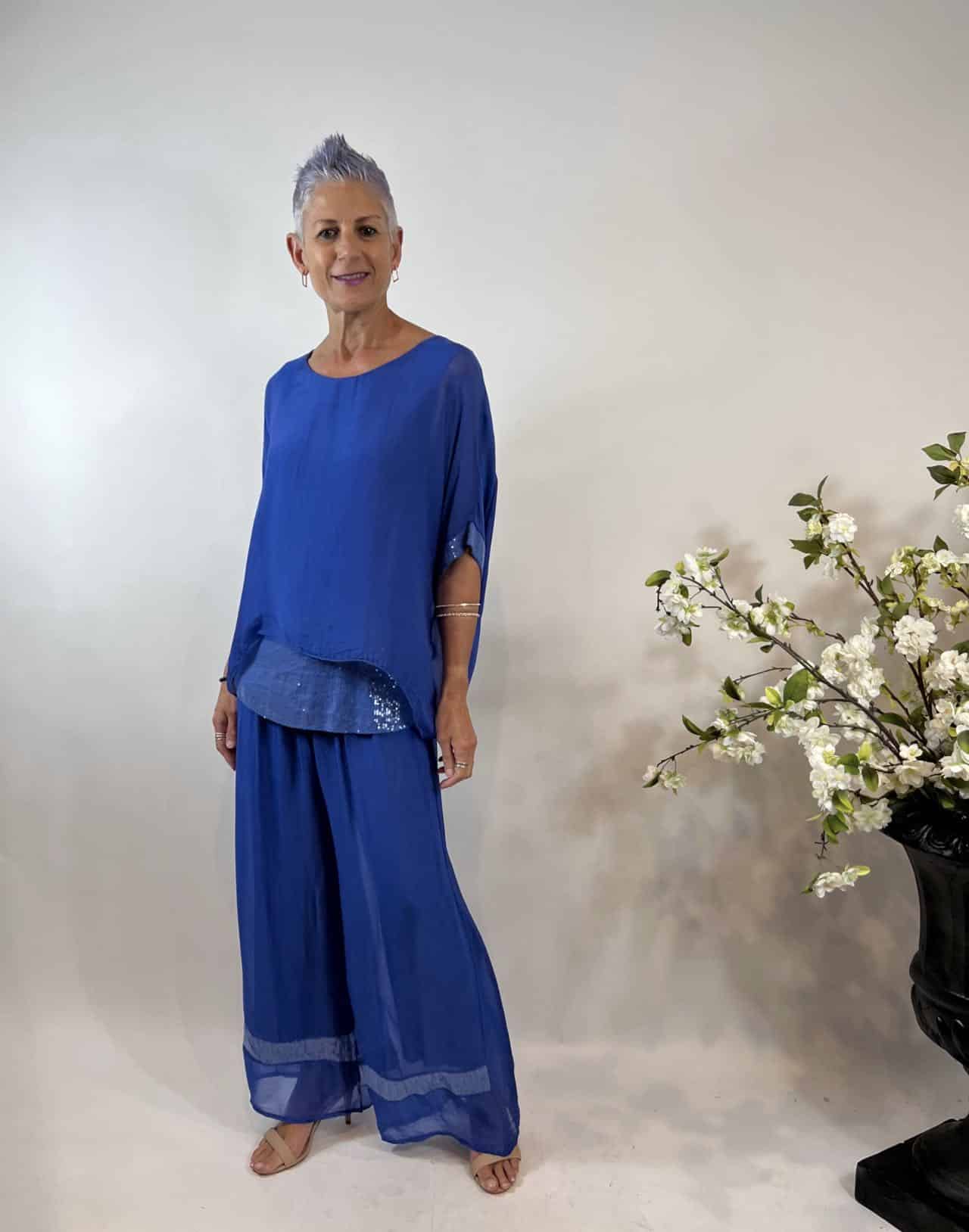 La Strada Viscose Sequin Trim Pants, Navy