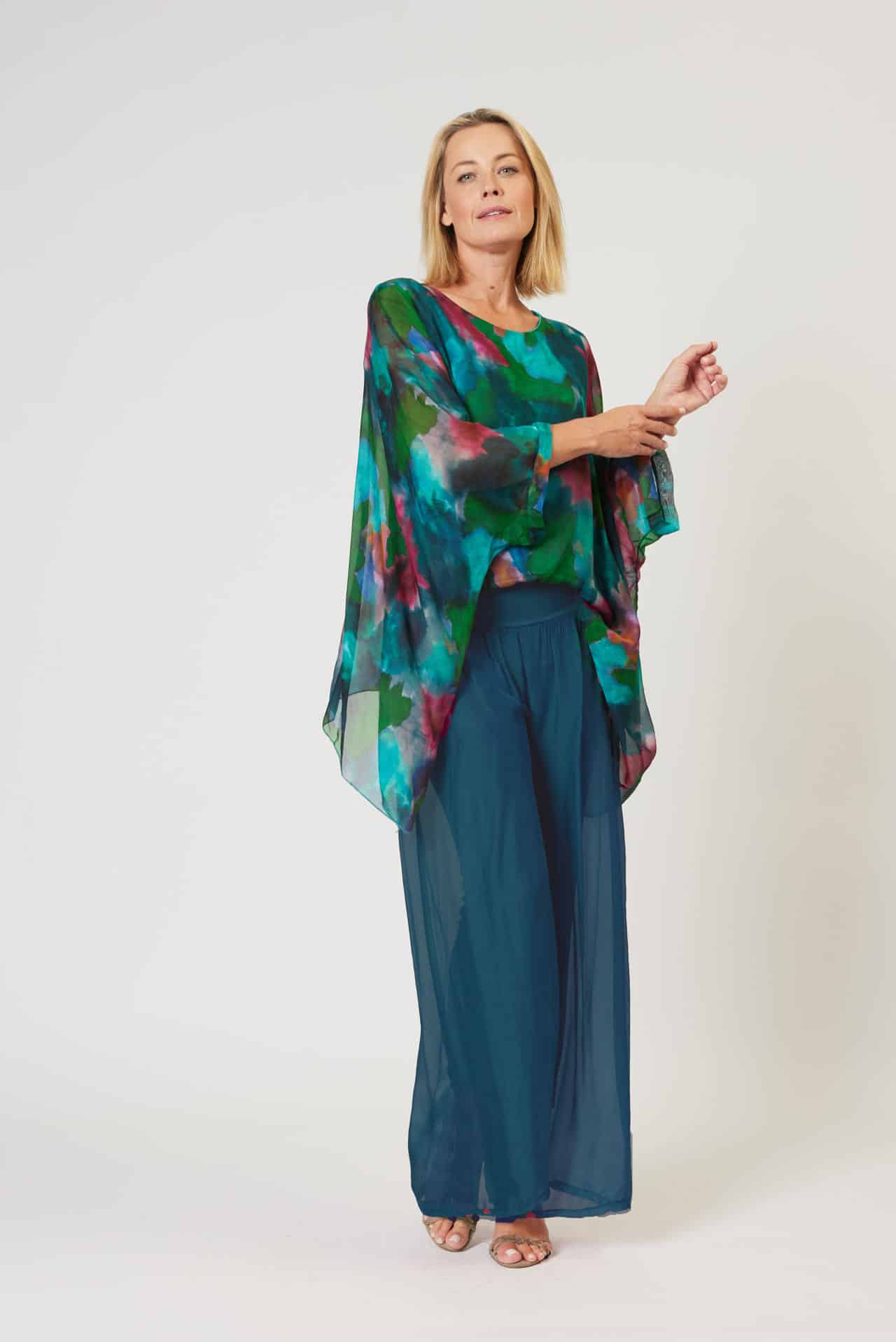 La Strada Silk Blended Pants, Celeste