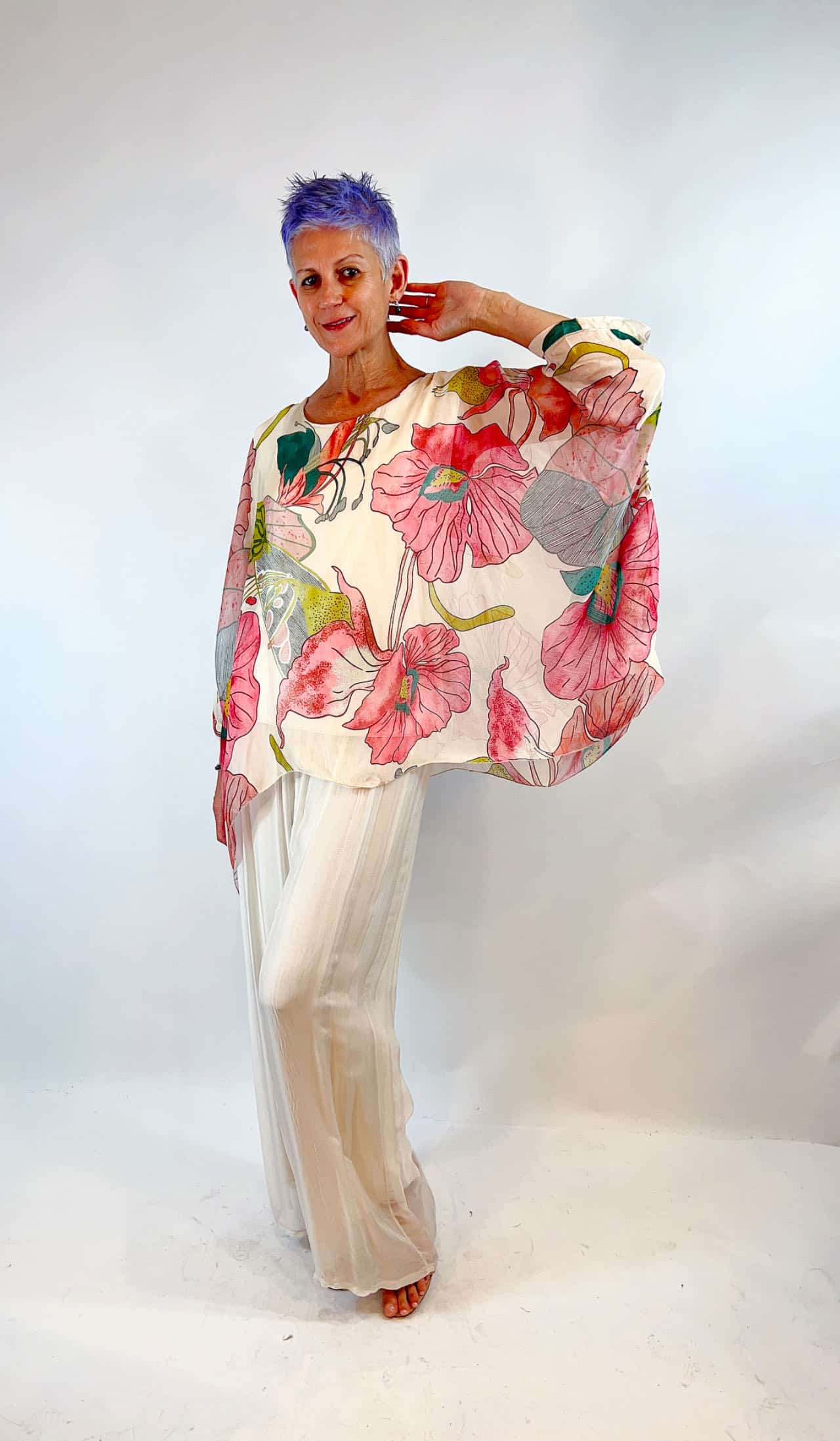 Silk Viscose Kaftan Top Multi Beige/Pink Floral