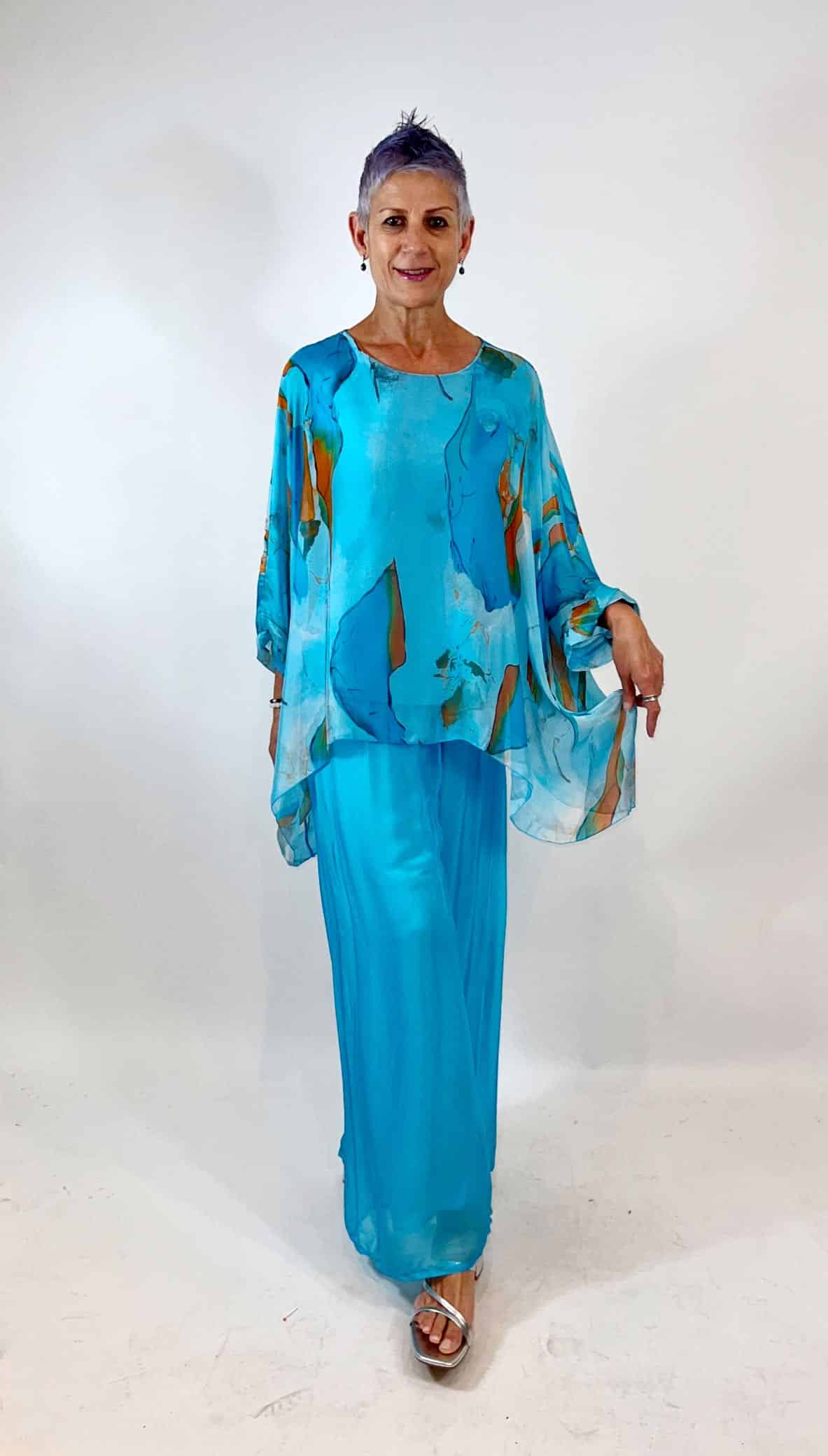 La Strada Silk Blended Pants, Celeste