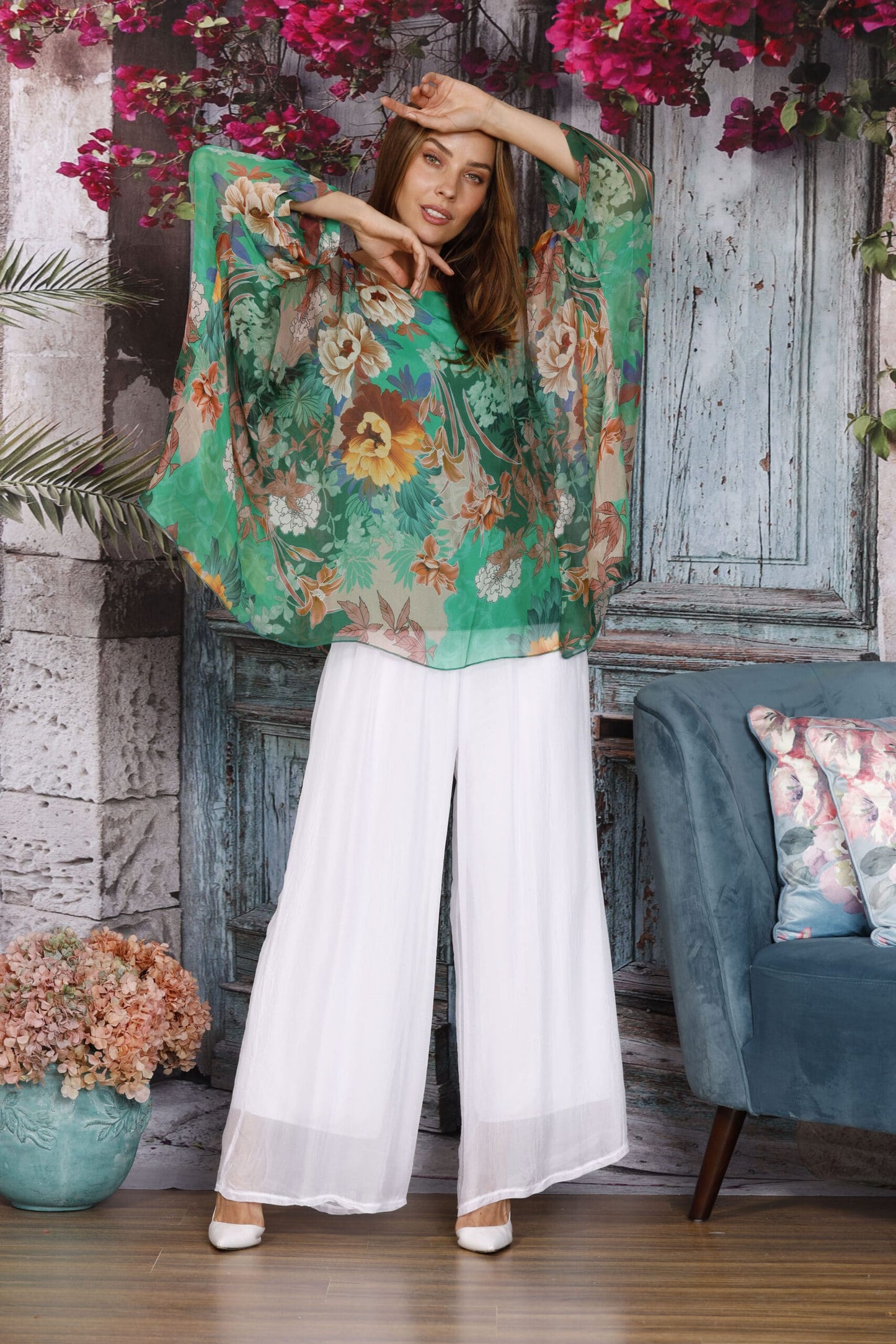 La Strada Silk Blended Pants, Celeste