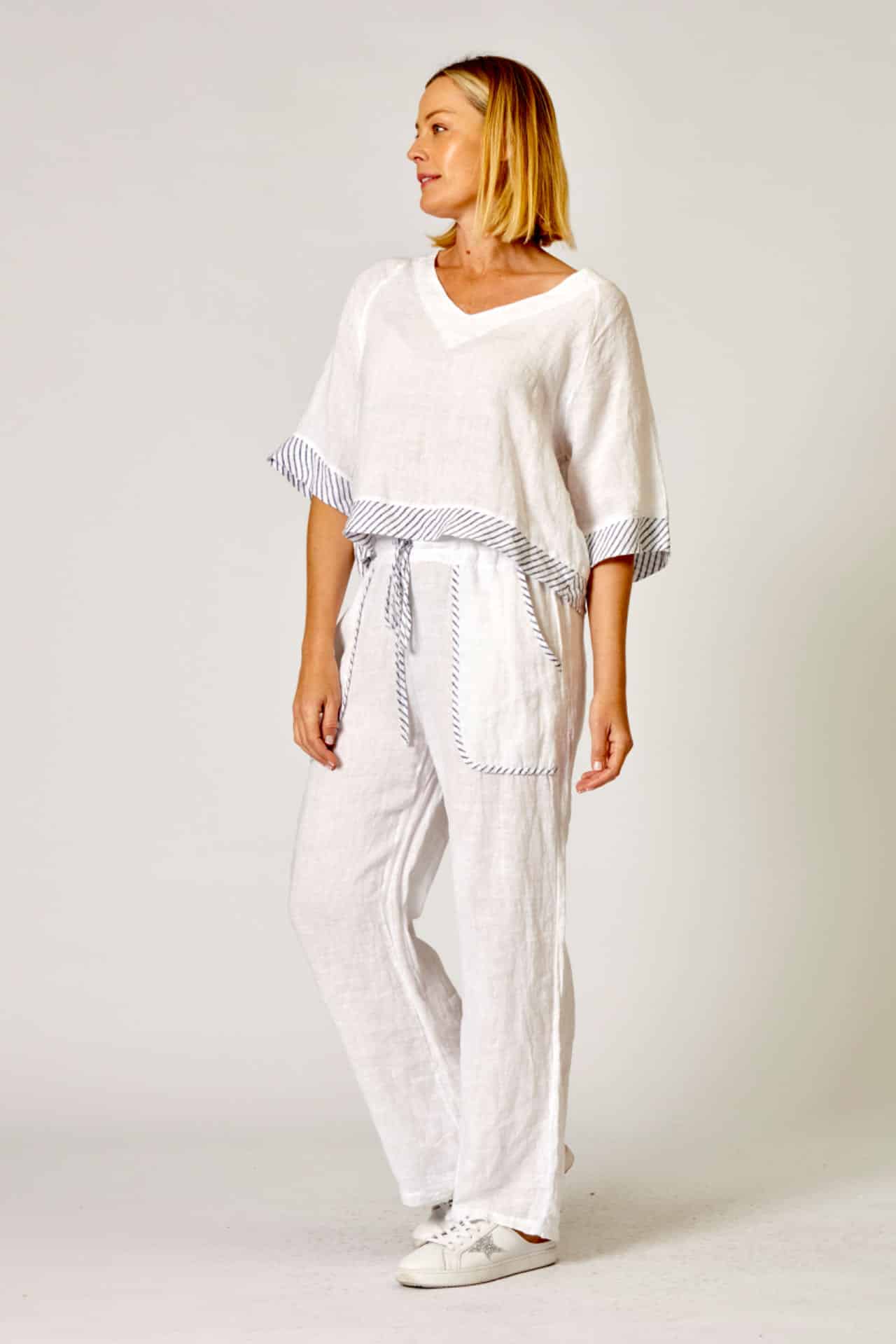 La Strada Linen Striped Print Hem & Cuff Top