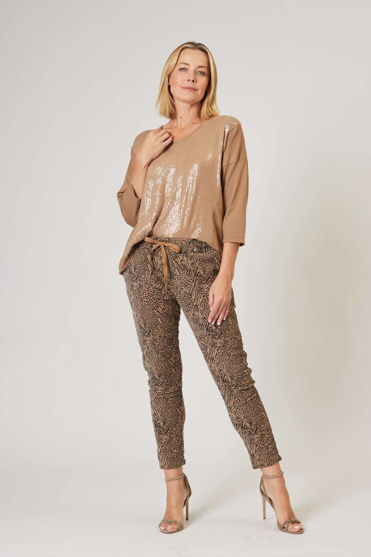 La Strada Viscose Polyester Corduroy Pants, Camel/Black Animal Print
