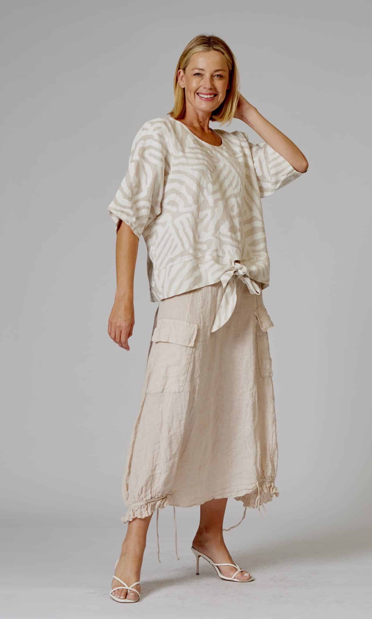La Strada Linen Drawstring Hem Skirt in Sabbia
