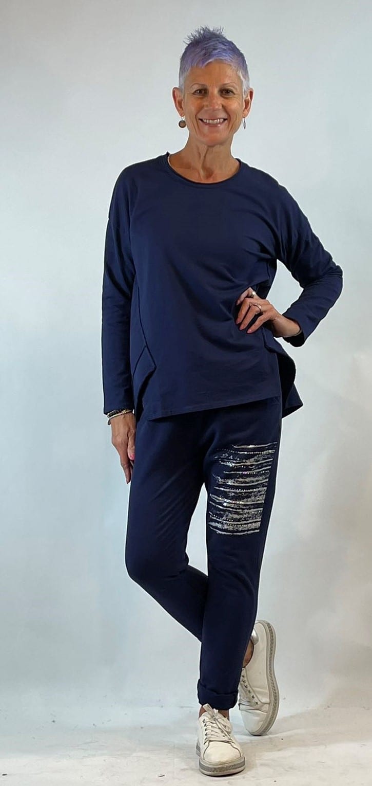 La Strada 100% Cotton Foil Crystal Line Pants, Militare