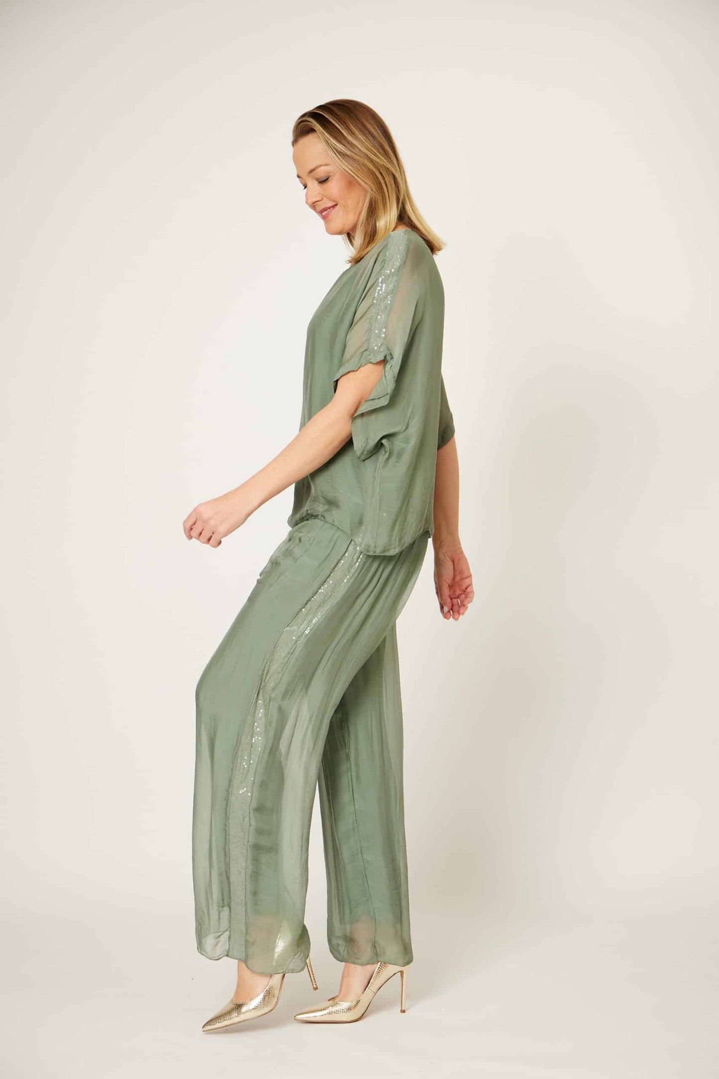 30% SILK 70%VISCOSE SEQUIN PANEL CAMI,KHAKI