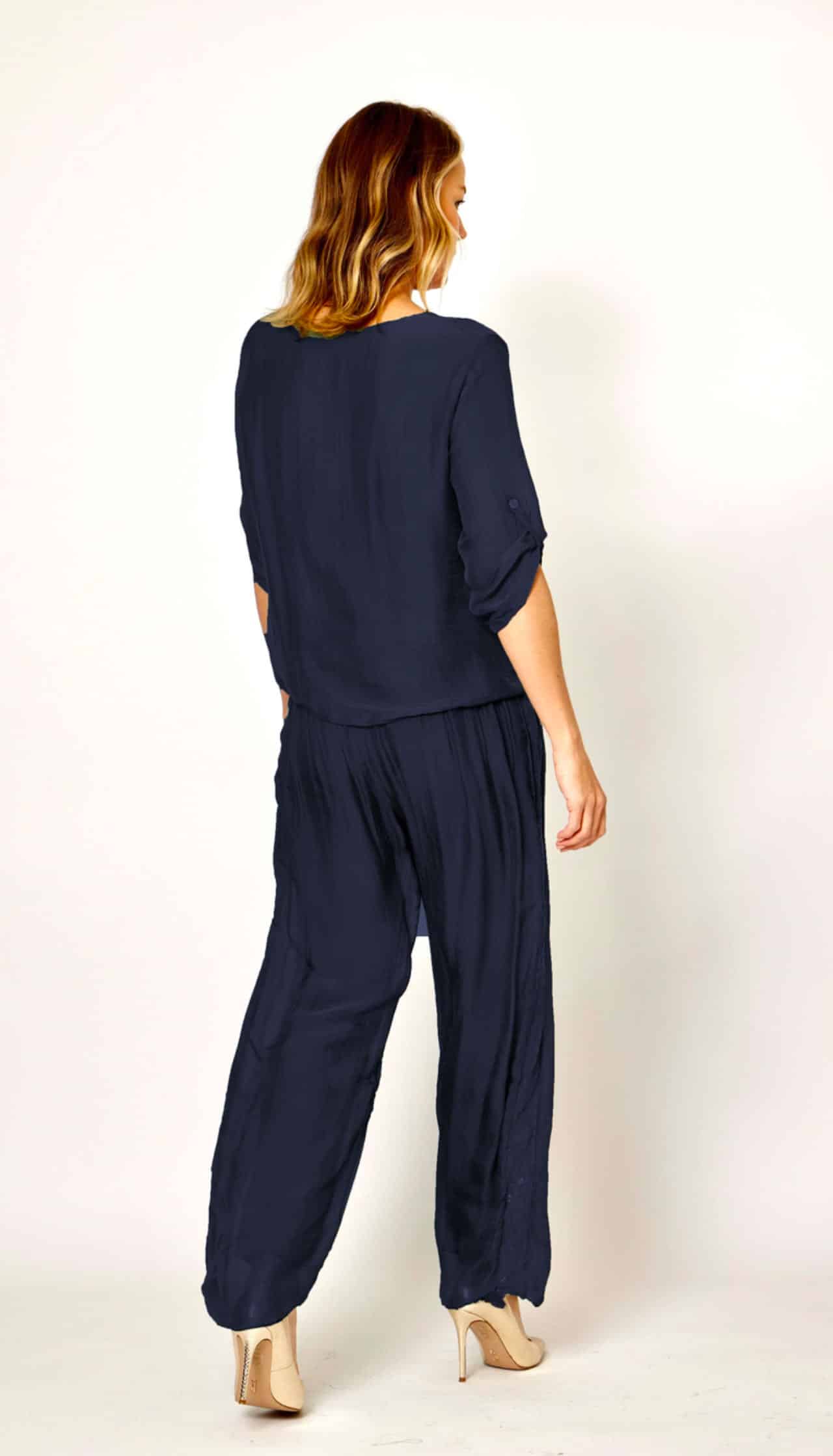 30% SILK 70% VISCOSE, V NECK, TIE FRONT TOP,NAVY