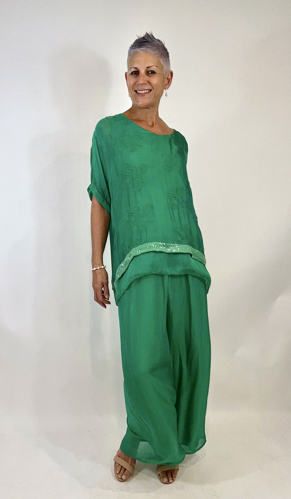 La Strada Silk Blended Pants, Celeste