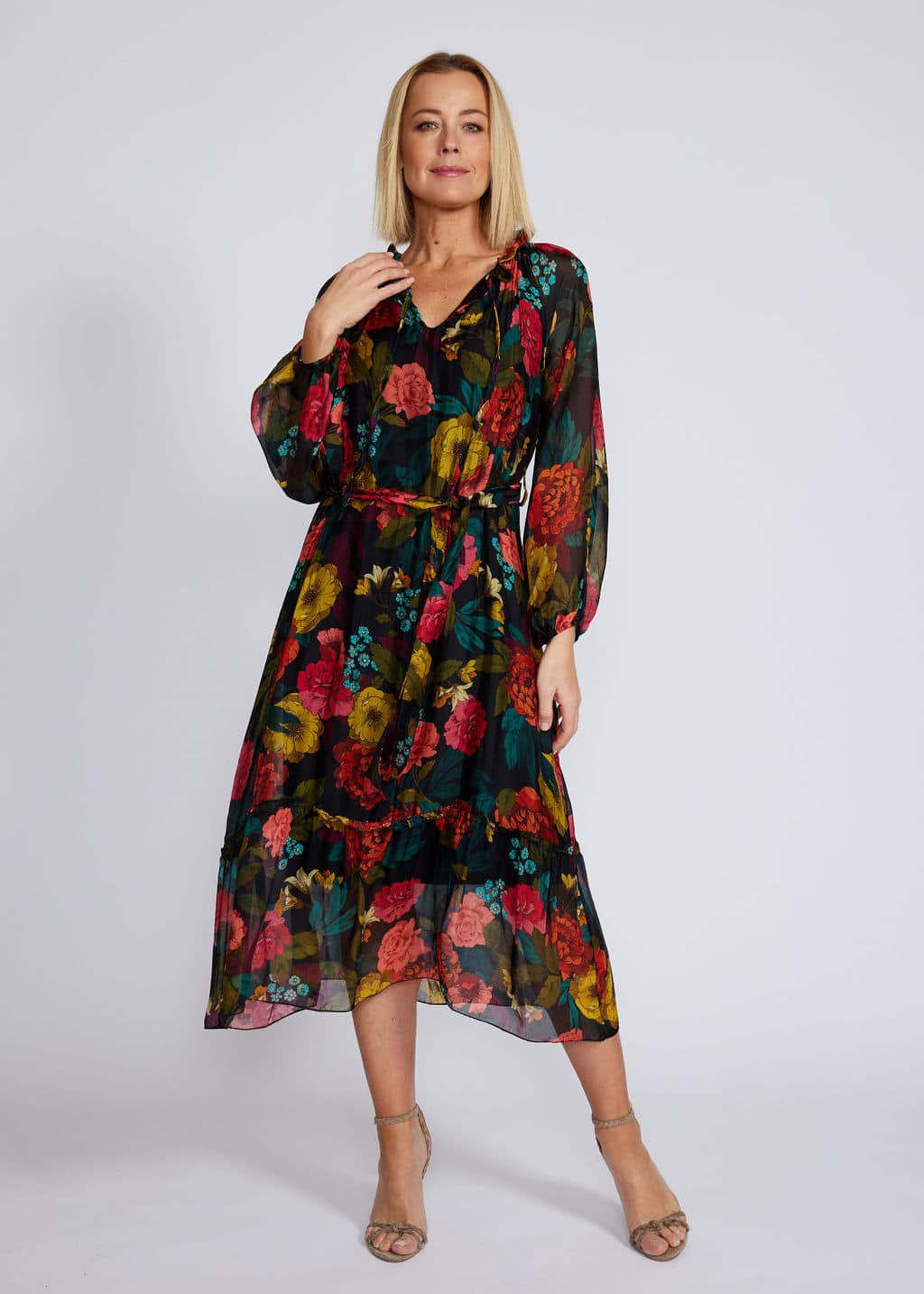 La Strada Silk Viscose High Frill Tied Neck Dress
