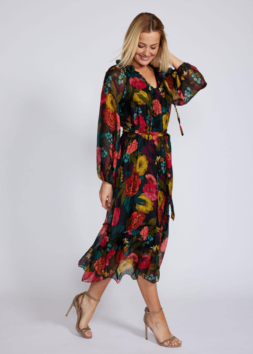 La Strada Silk Viscose High Frill Tied Neck Dress