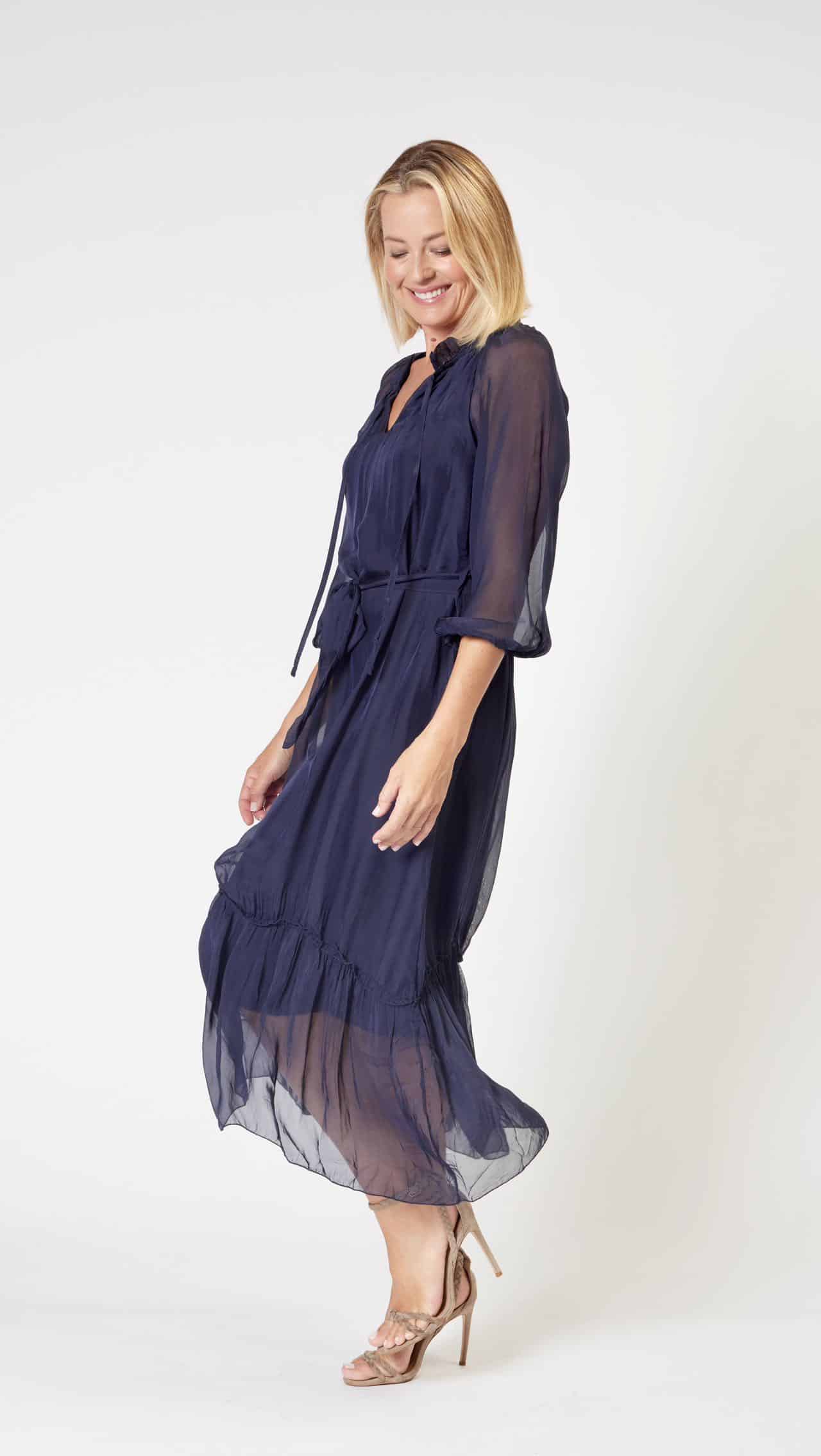 La Strada Silk Viscose High Frill Tied Neck Dress
