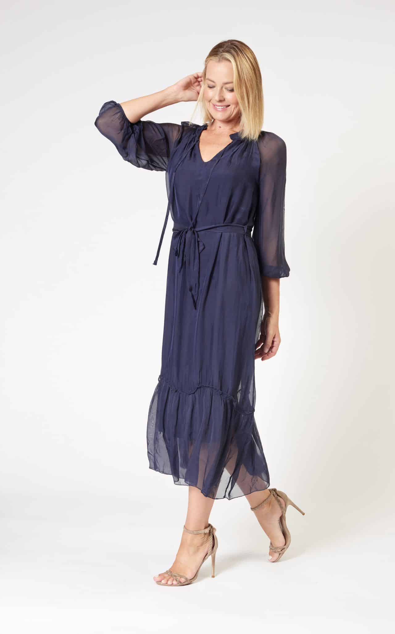 La Strada Silk Viscose High Frill Tied Neck Dress