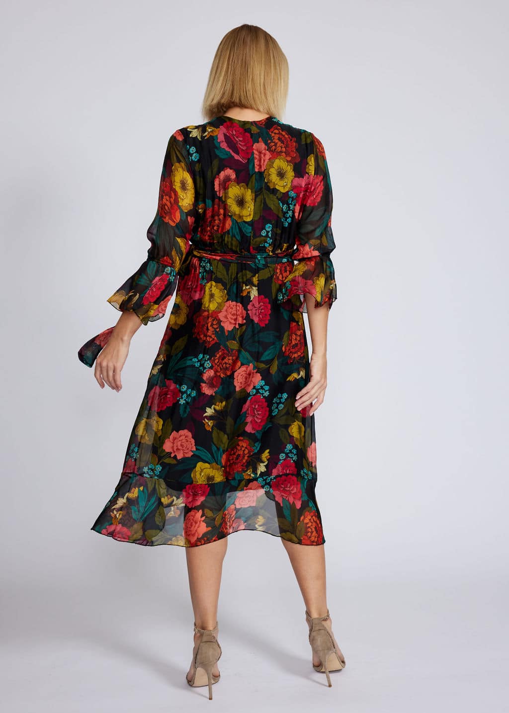 La Strada Silk Viscose Cross Over Neckline Long Sleeve Wrapped Dress