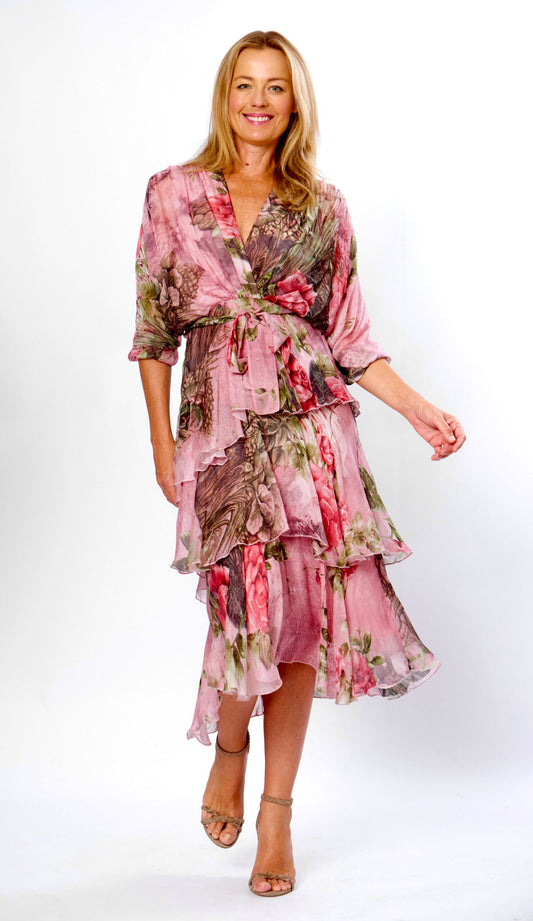 LA STRADA 30% SILK 70% VISCOSE CROSS OVER NECKLINE LONG SLEEVE DRESS