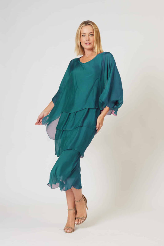 La Strada Silk Viscose Multi Layers Dress, Teal