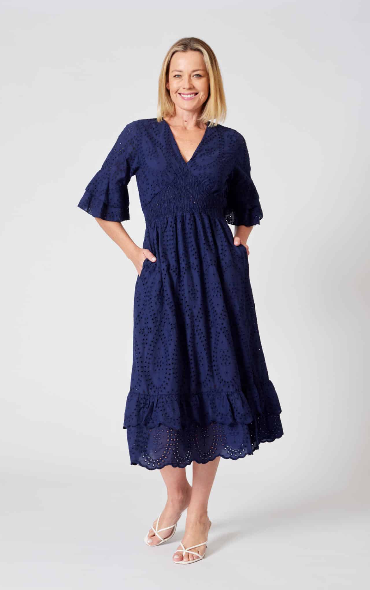 La Strada Cotton Embroidered Dress, Blu Scuro