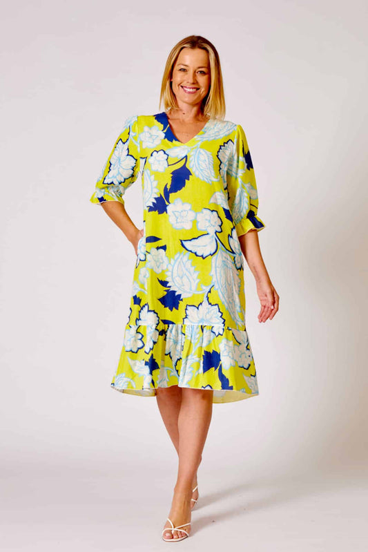 La Strada50% Linen 50% Viscose V Neck Frill Hem Dress, Canary Yellow/Celeste Leaf Pattern