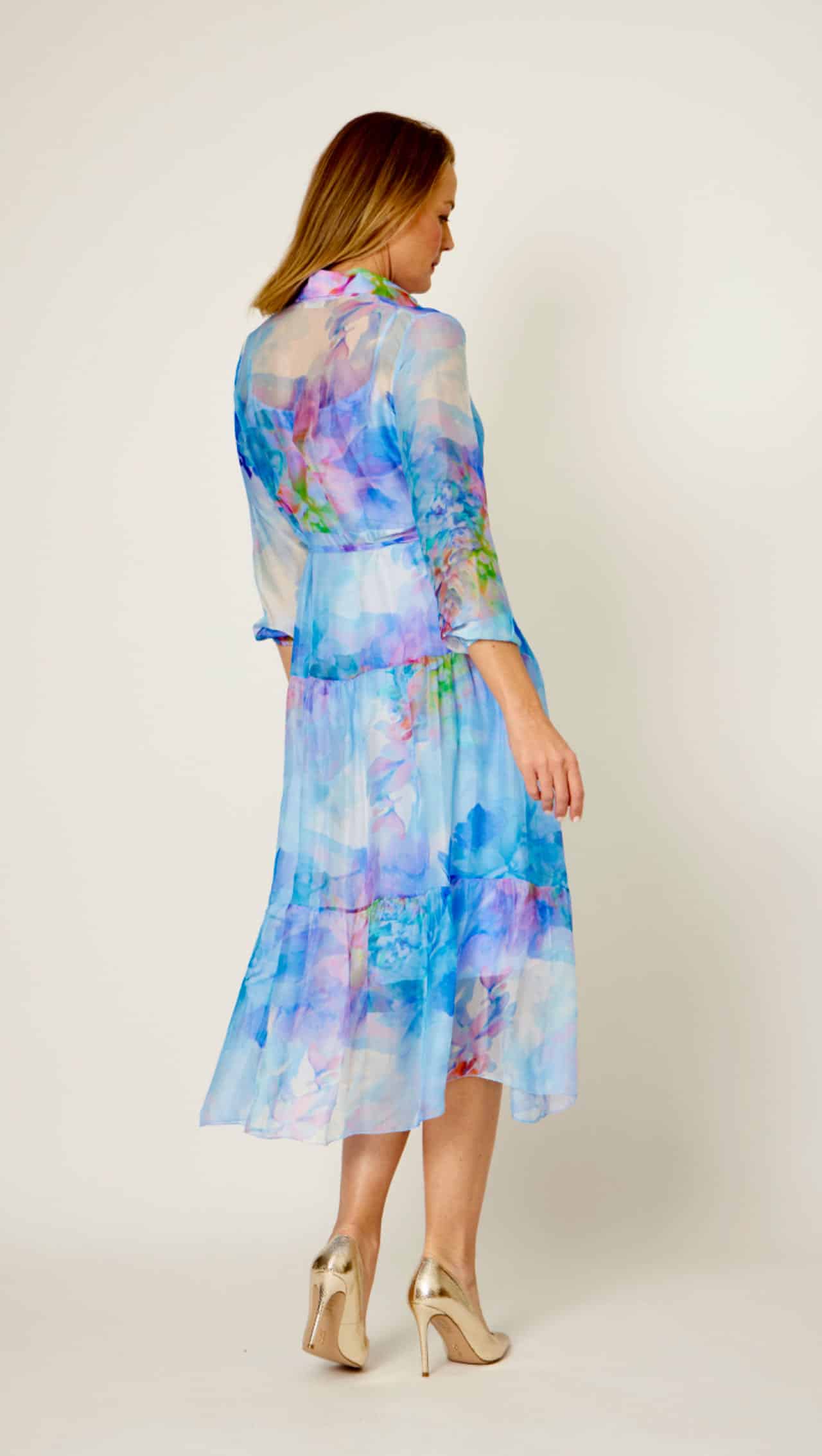 30% SILK 70% VISCOSE LONG SLEEVE WITH CAMI THREE TIERS BUTTON UP DRESS, MIXED BLUE/PINK