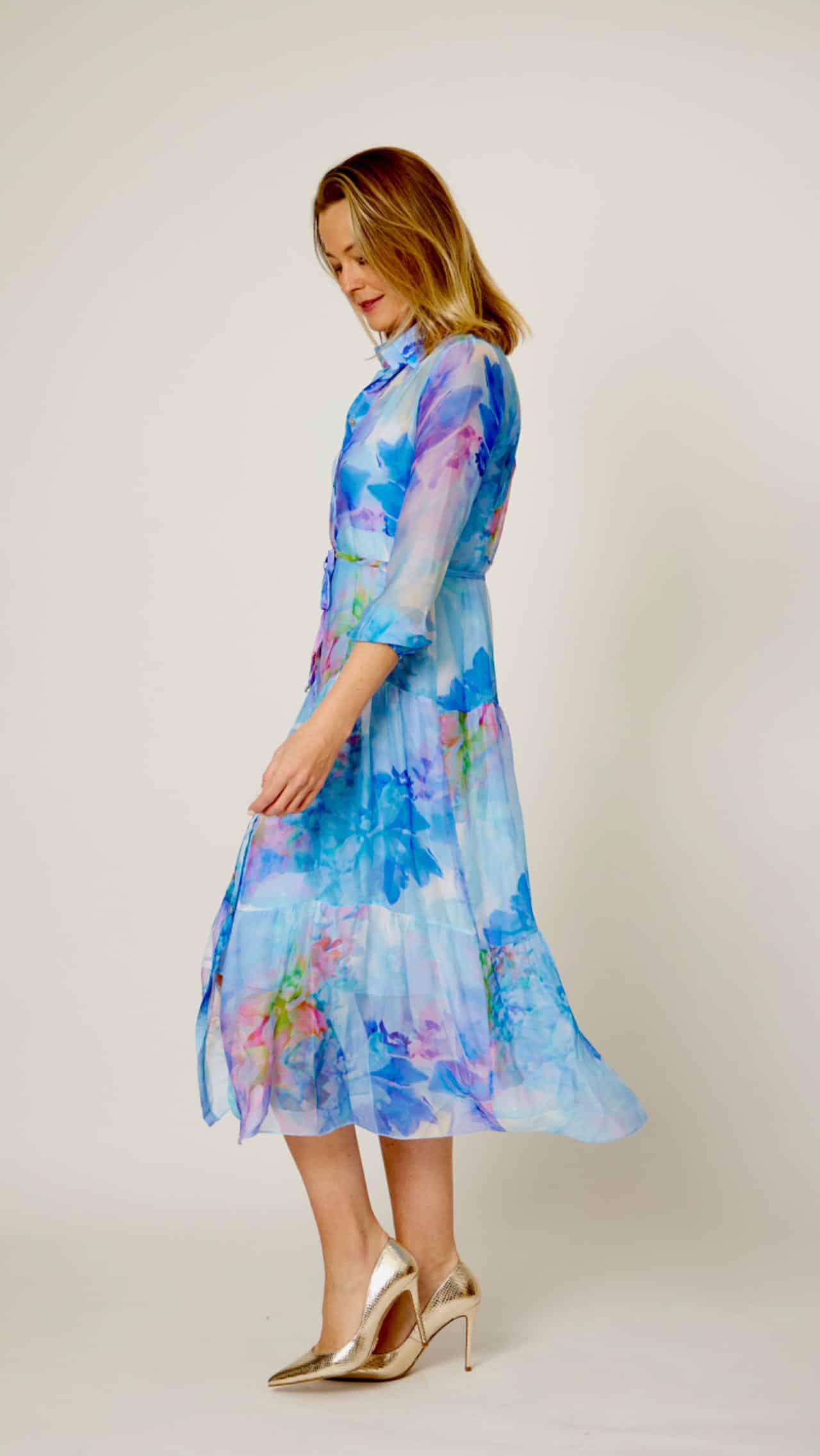 30% SILK 70% VISCOSE LONG SLEEVE WITH CAMI THREE TIERS BUTTON UP DRESS, MIXED BLUE/PINK