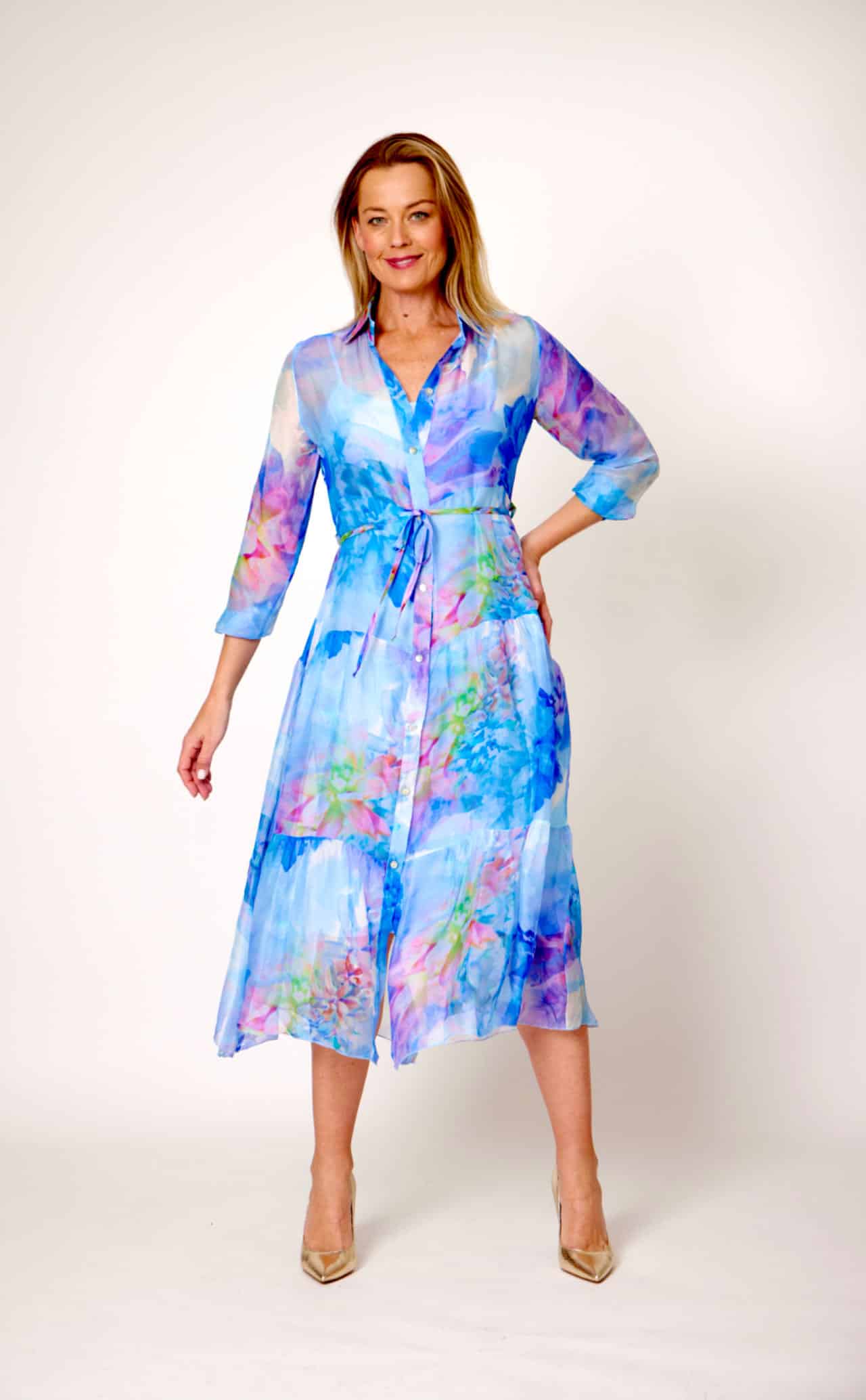 30% SILK 70% VISCOSE LONG SLEEVE WITH CAMI THREE TIERS BUTTON UP DRESS, MIXED BLUE/PINK