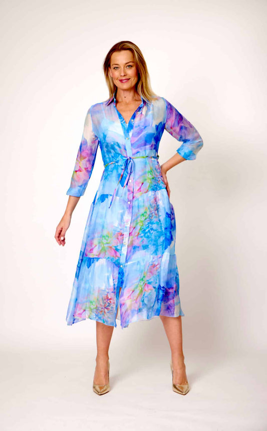 30% SILK 70% VISCOSE LONG SLEEVE WITH CAMI THREE TIERS BUTTON UP DRESS, MIXED BLUE/PINK
