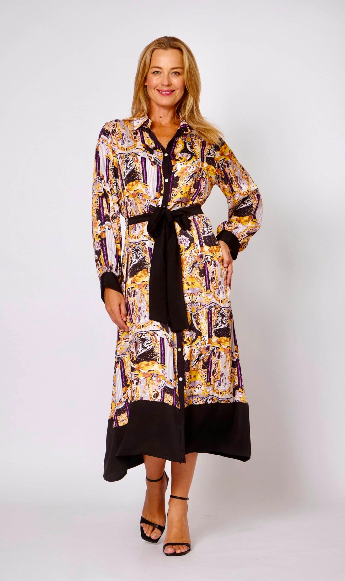 100% VISCOSE TRIM SHIRT DRESS  MULTI BLACK/GOLD PRINT