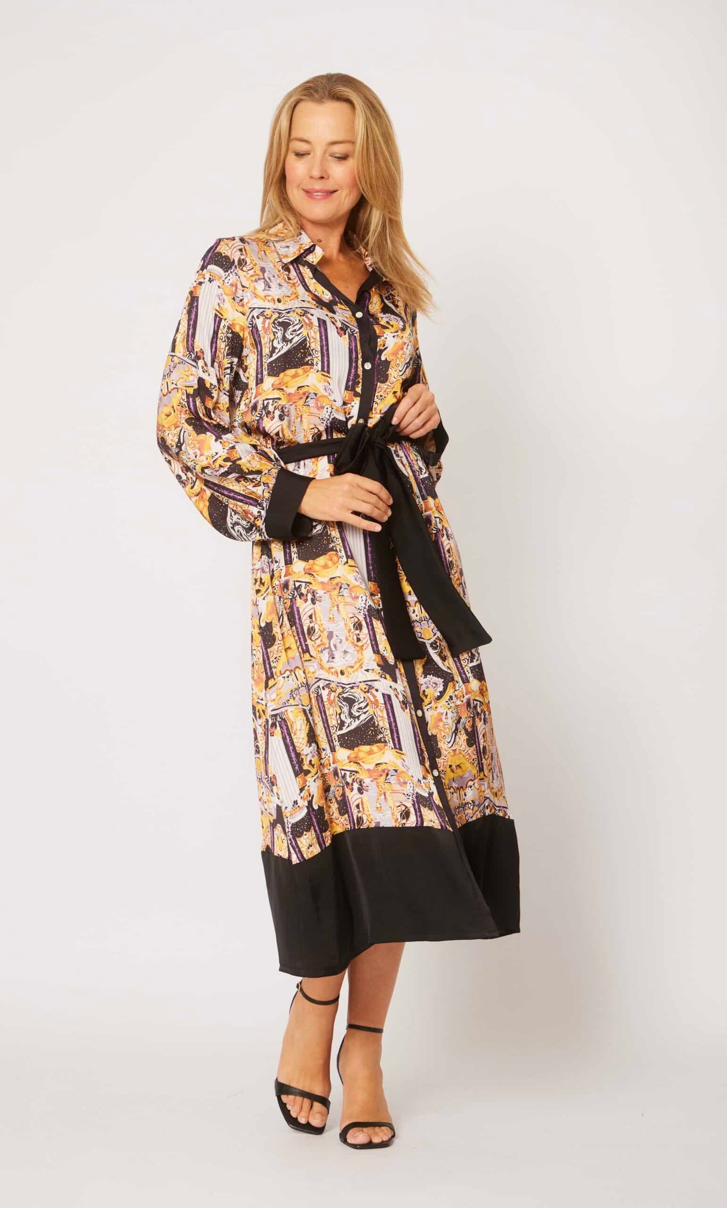 100% VISCOSE TRIM SHIRT DRESS  MULTI BLACK/GOLD PRINT