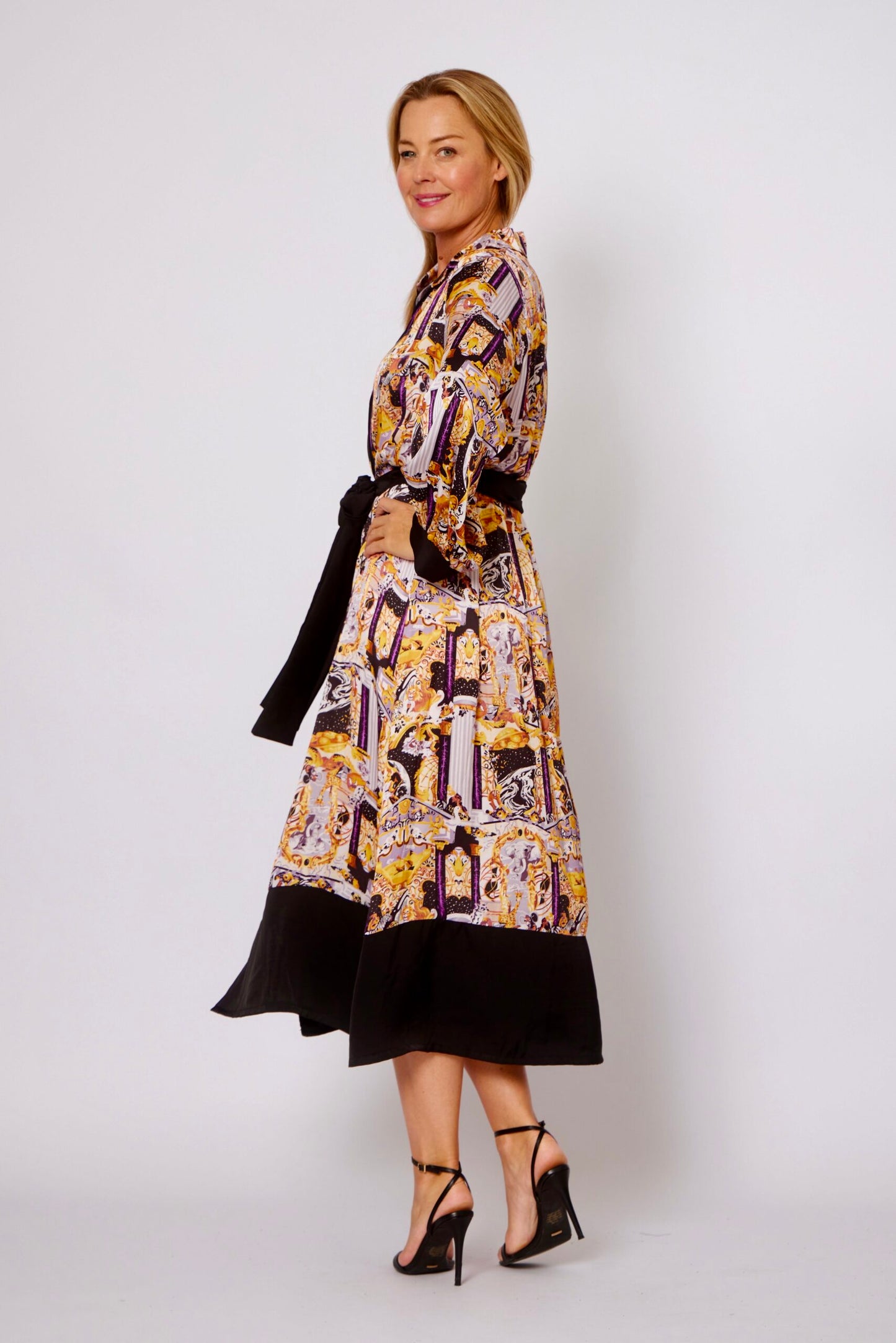 100% VISCOSE TRIM SHIRT DRESS  MULTI BLACK/GOLD PRINT