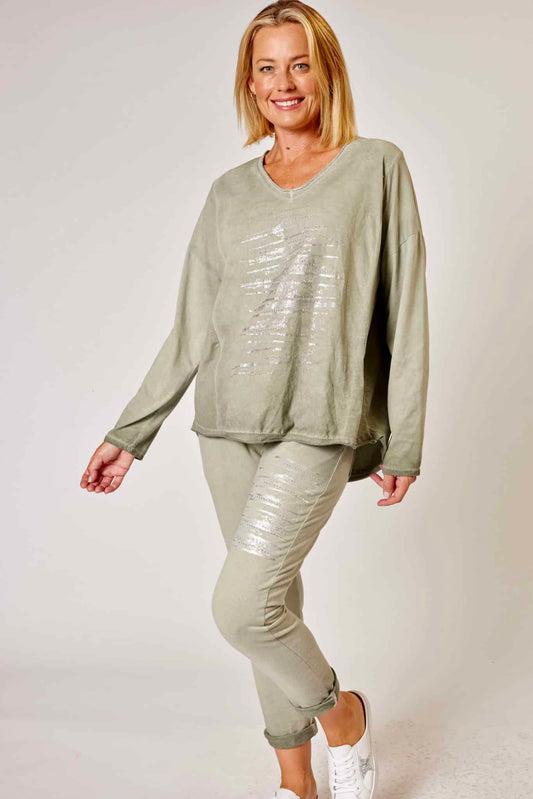 La Strada 100% Cotton Foil Crystal Line Pants, Militare