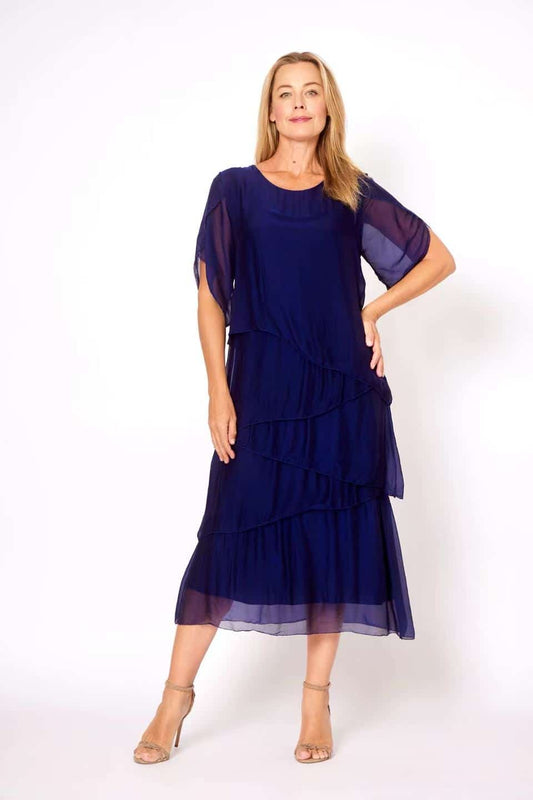 LA STRADA 70%VISCOSE 30%SILK MULTI LAYERS DRESS, NAVY