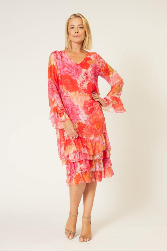 La Strada Silk Viscose Long Line Frilled Hem Dress